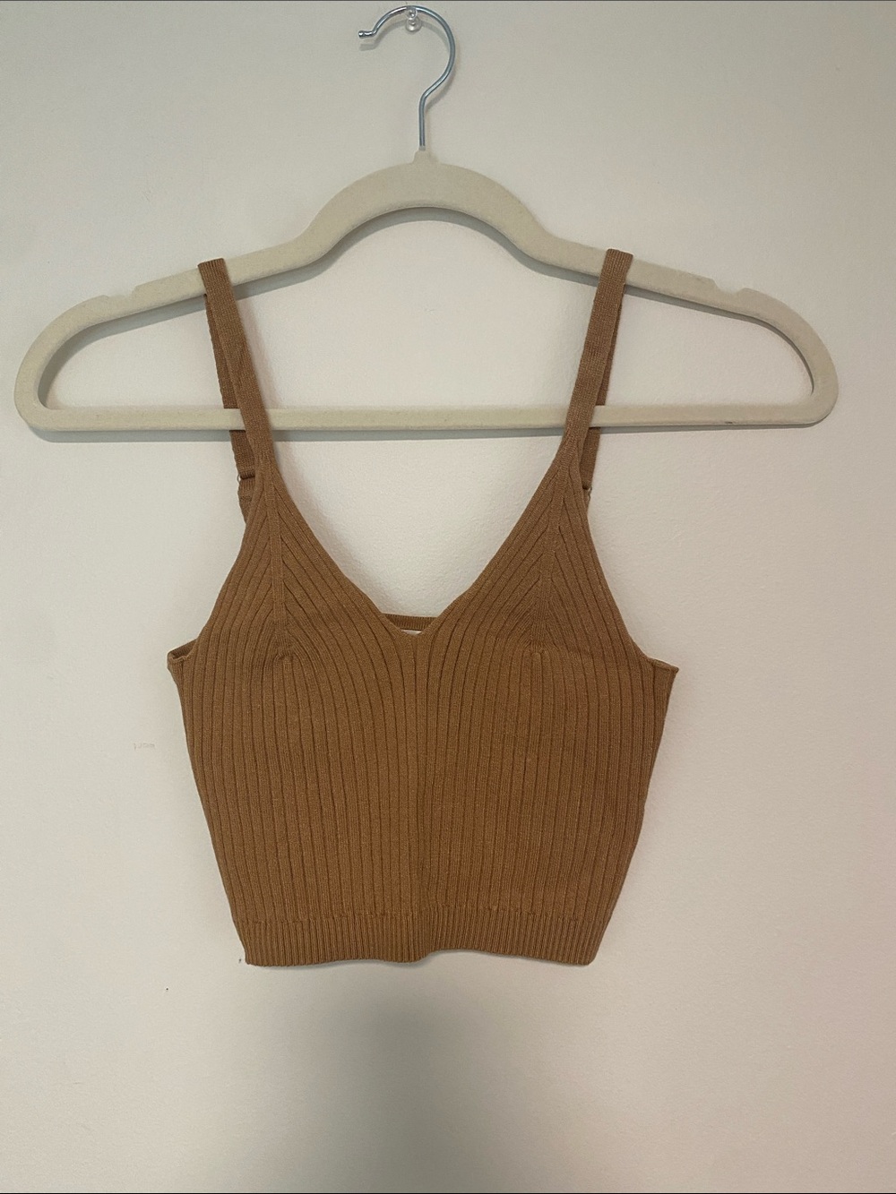 Mustard Seed Ribbed V-Neck Cropped Tank Top - Camel Brown